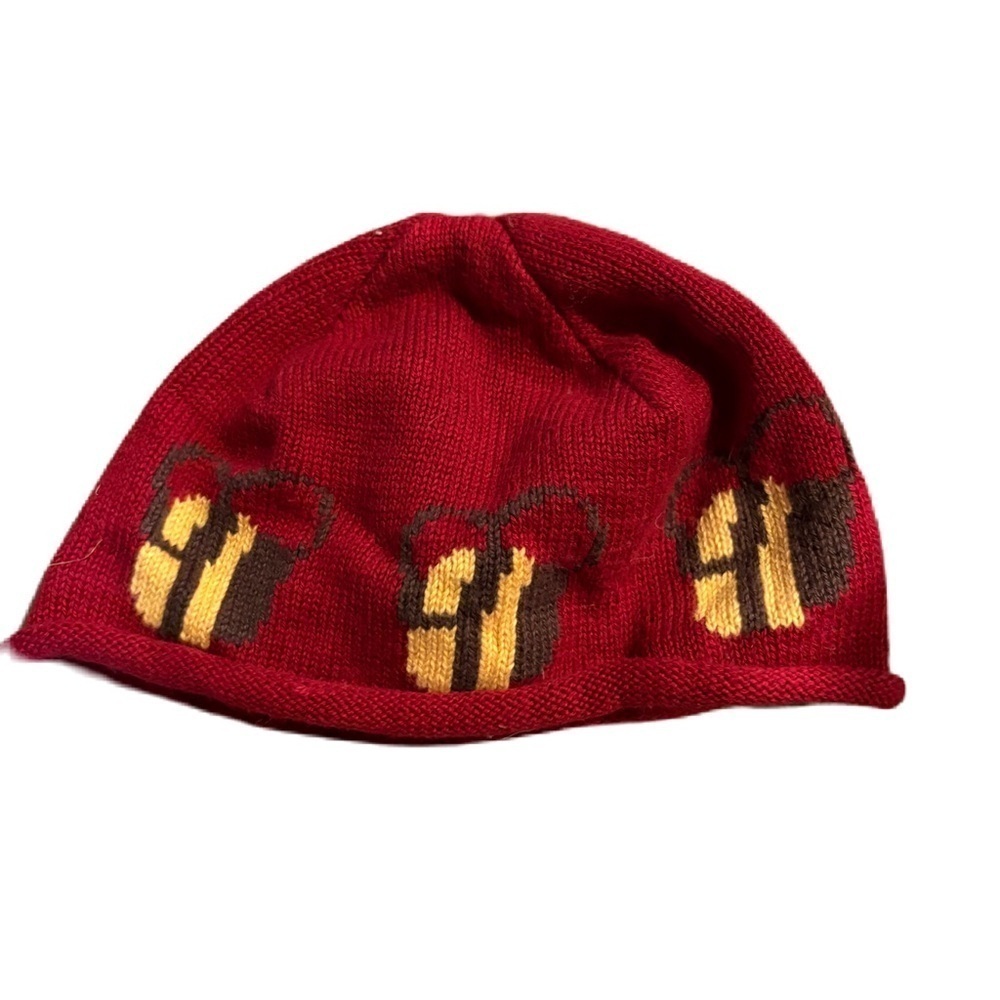 L.L. Bean Kids Red Knit Beanie with Bee Design Red Yellow